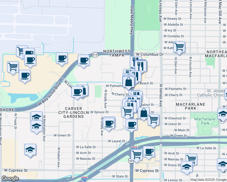 map of restaurants, bars, coffee shops, grocery stores, and more near 3910 West Cherry Street in Tampa