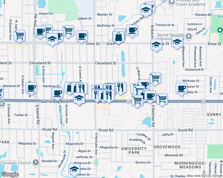 map of restaurants, bars, coffee shops, grocery stores, and more near 320 South Mercury Avenue in Clearwater