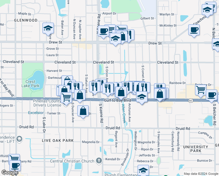 map of restaurants, bars, coffee shops, grocery stores, and more near 402 South Pegasus Avenue in Clearwater