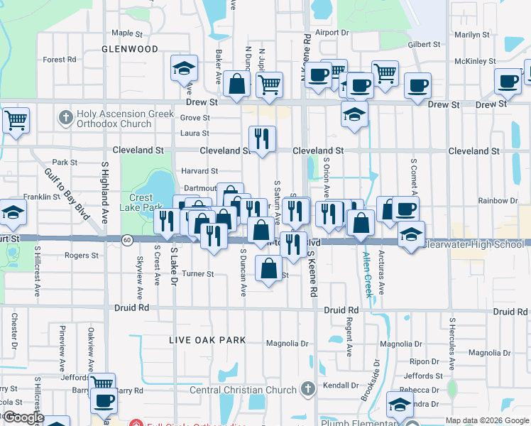 map of restaurants, bars, coffee shops, grocery stores, and more near 407 South Jupiter Avenue in Clearwater