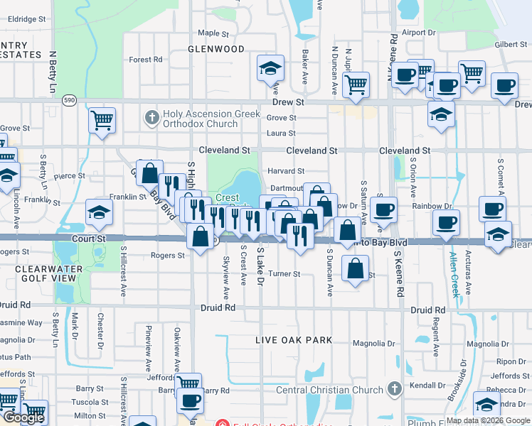 map of restaurants, bars, coffee shops, grocery stores, and more near 407 South Lake Drive in Clearwater