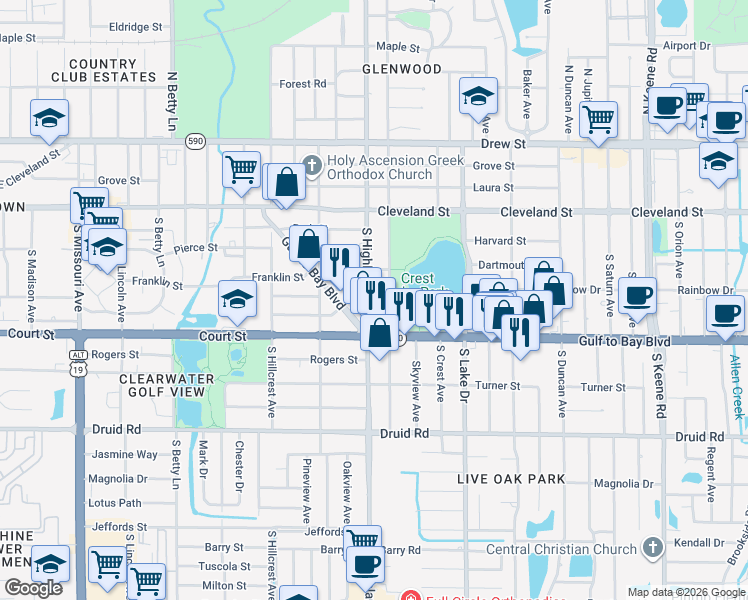 map of restaurants, bars, coffee shops, grocery stores, and more near 300-498 South Glenwood Avenue in Clearwater