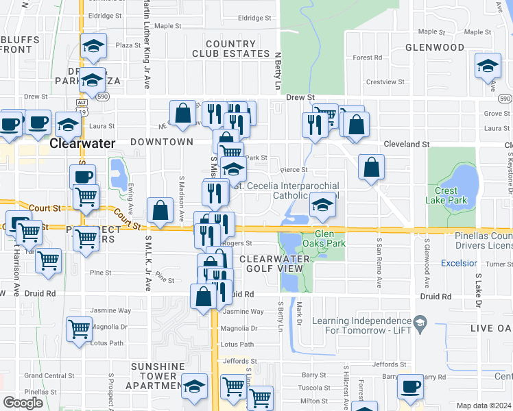map of restaurants, bars, coffee shops, grocery stores, and more near 1263 Santa Rosa Street in Clearwater