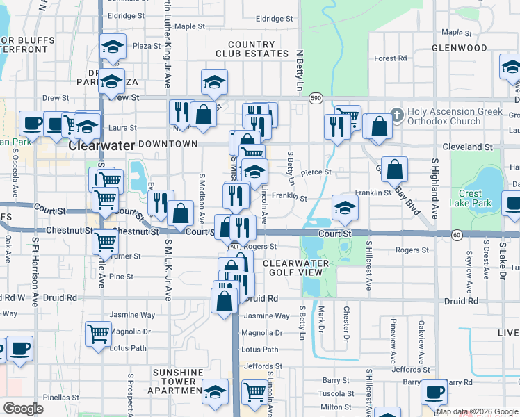 map of restaurants, bars, coffee shops, grocery stores, and more near 1206 Court Street in Clearwater