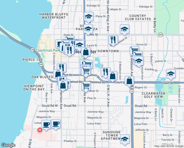 map of restaurants, bars, coffee shops, grocery stores, and more near 911 Court Street in Clearwater