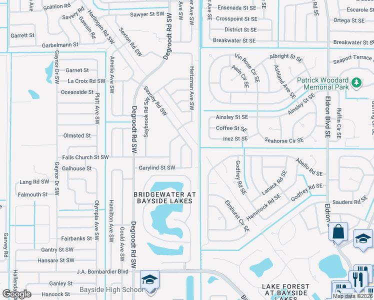 map of restaurants, bars, coffee shops, grocery stores, and more near 1484 Saxony Road Southwest in Palm Bay