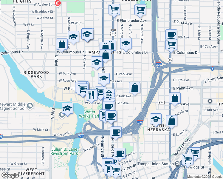 map of restaurants, bars, coffee shops, grocery stores, and more near 3016 North Franklin Street in Tampa