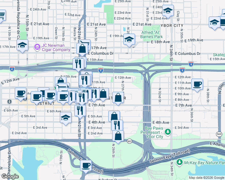 map of restaurants, bars, coffee shops, grocery stores, and more near 1905 North 25th Street in Tampa