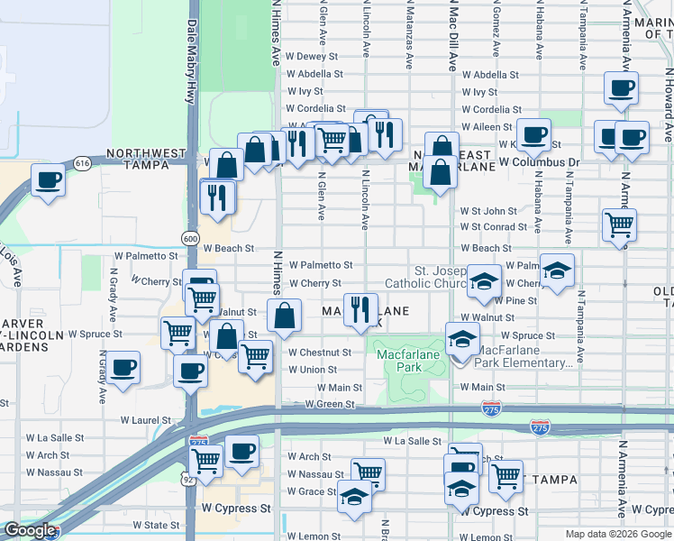 map of restaurants, bars, coffee shops, grocery stores, and more near 3310 West Cherry Street in Tampa