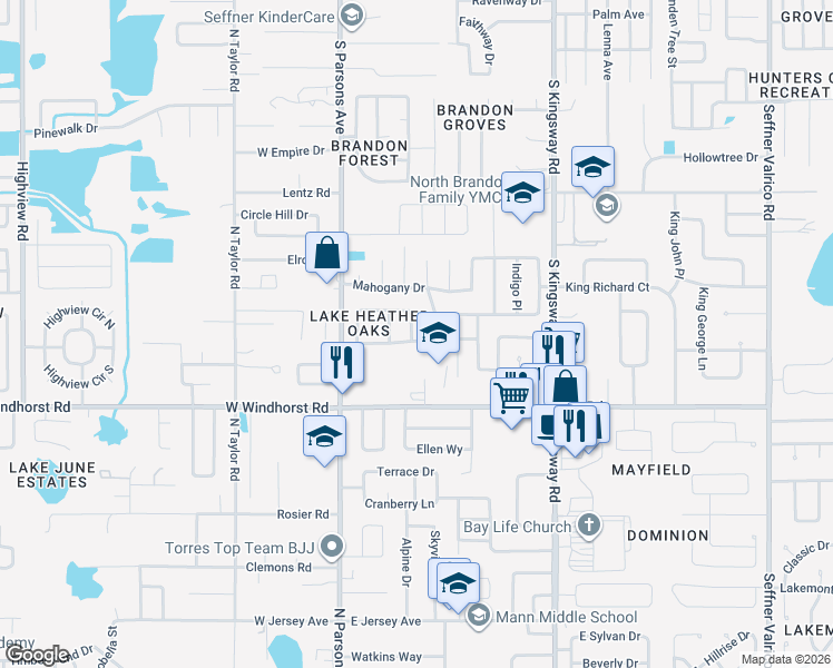 map of restaurants, bars, coffee shops, grocery stores, and more near 202 Valley Drive in Brandon