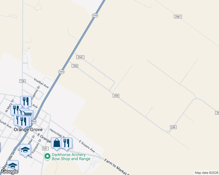 map of restaurants, bars, coffee shops, grocery stores, and more near 281 County Road 354 in Orange Grove