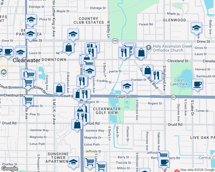 map of restaurants, bars, coffee shops, grocery stores, and more near 1295 Santa Rosa Street in Clearwater