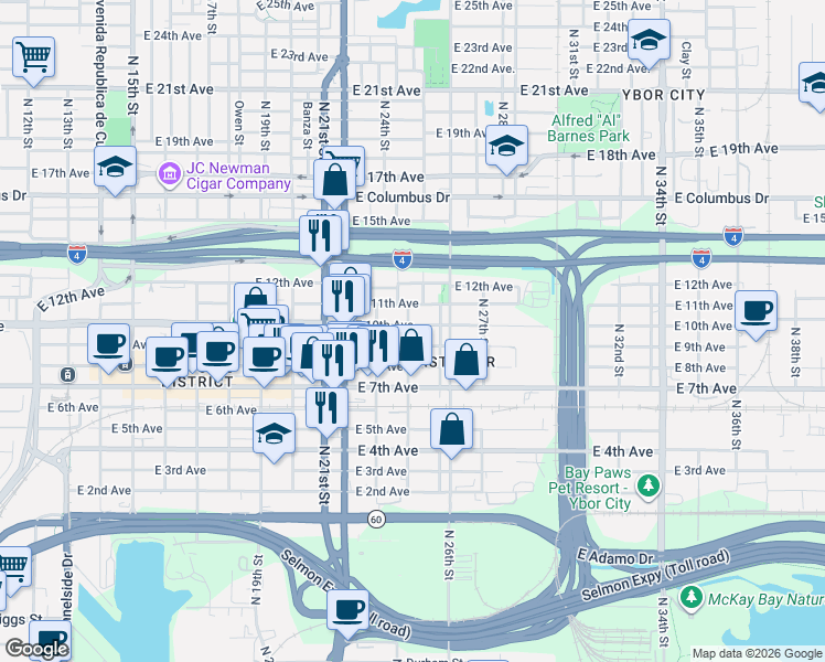 map of restaurants, bars, coffee shops, grocery stores, and more near 2315 East 9th Avenue in Tampa