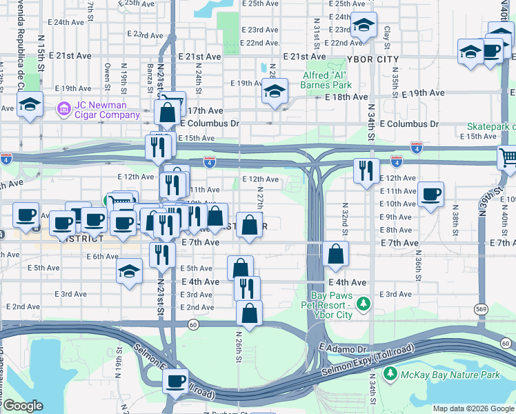 map of restaurants, bars, coffee shops, grocery stores, and more near 2615 East 9th Avenue in Tampa