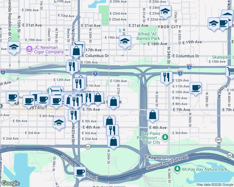 map of restaurants, bars, coffee shops, grocery stores, and more near 2615 East 9th Avenue in Tampa