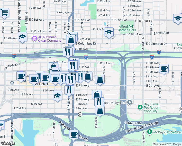 map of restaurants, bars, coffee shops, grocery stores, and more near 1905 North 25th Street in Tampa