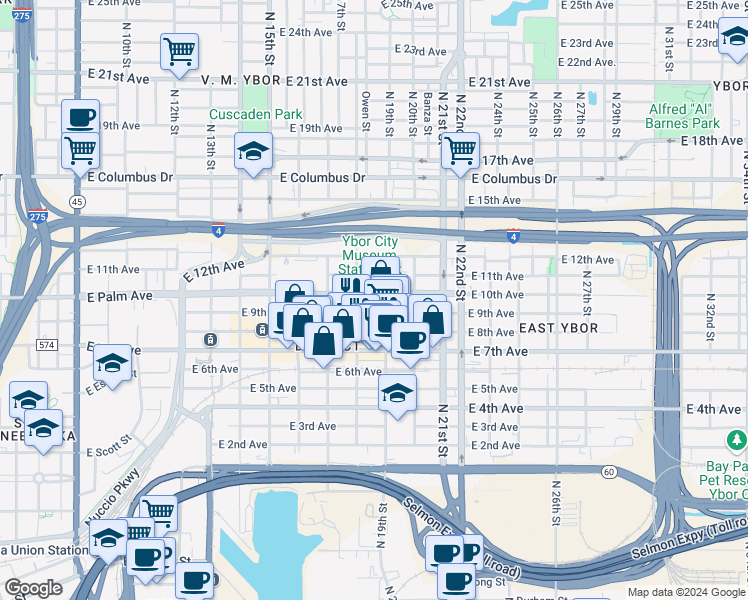 map of restaurants, bars, coffee shops, grocery stores, and more near 1820 North 19th Street in Tampa