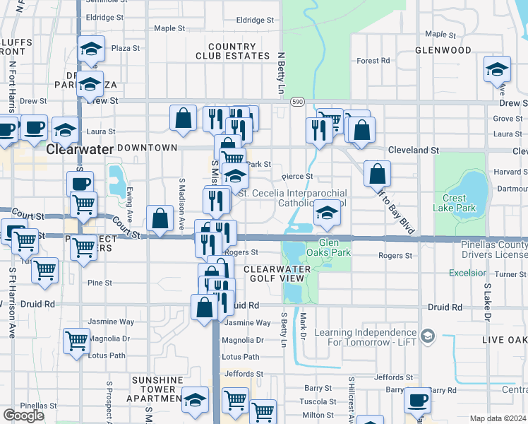 map of restaurants, bars, coffee shops, grocery stores, and more near 1263 Santa Rosa Street in Clearwater