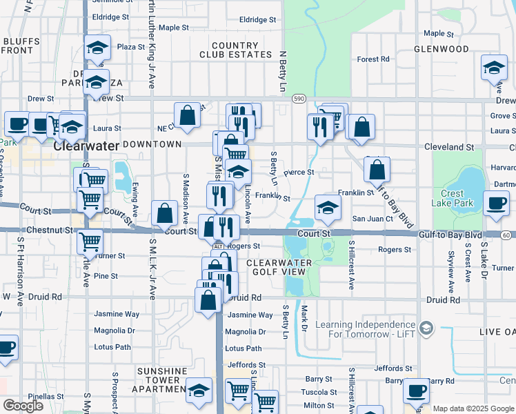 map of restaurants, bars, coffee shops, grocery stores, and more near 1263 Santa Rosa Street in Clearwater