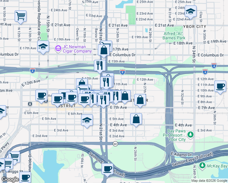 map of restaurants, bars, coffee shops, grocery stores, and more near 2217 East 9th Avenue in Tampa