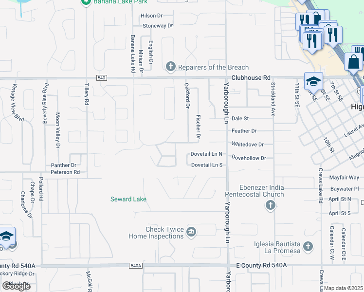 map of restaurants, bars, coffee shops, grocery stores, and more near 5700 Fischer Drive in Lakeland
