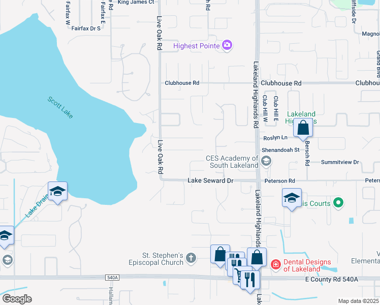 map of restaurants, bars, coffee shops, grocery stores, and more near 1913 Suzanne Lane in Lakeland