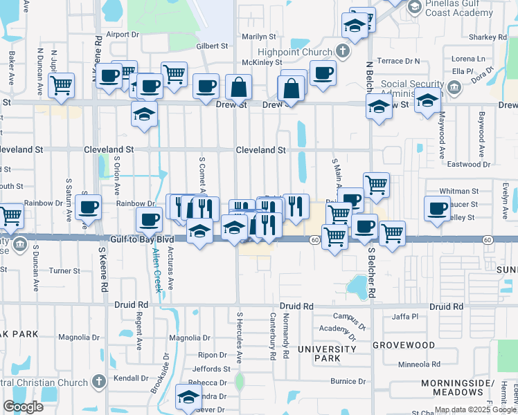 map of restaurants, bars, coffee shops, grocery stores, and more near 209 South Cirus Avenue in Clearwater