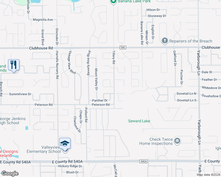 map of restaurants, bars, coffee shops, grocery stores, and more near 3183 Valley Vista Circle in Lakeland