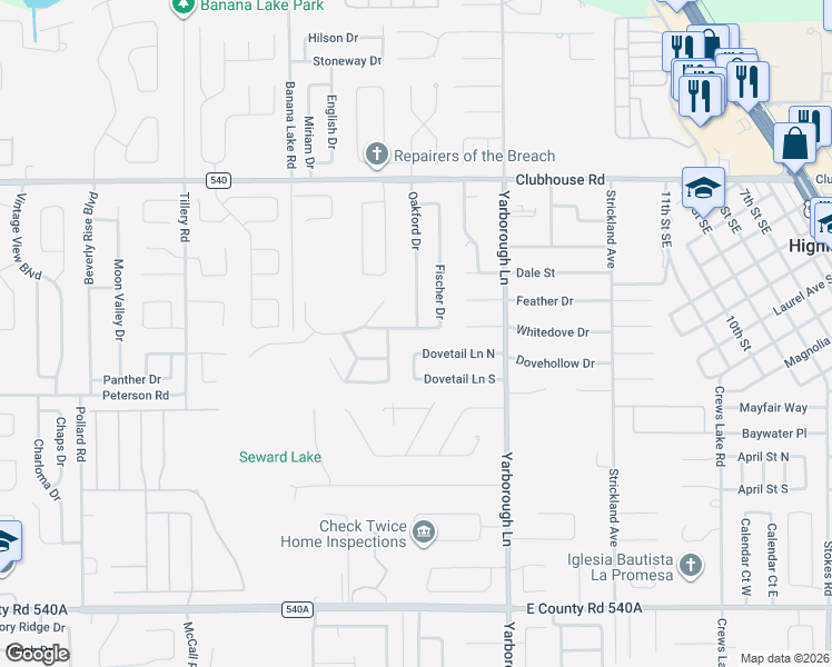 map of restaurants, bars, coffee shops, grocery stores, and more near 5518 Oakford Drive in Lakeland
