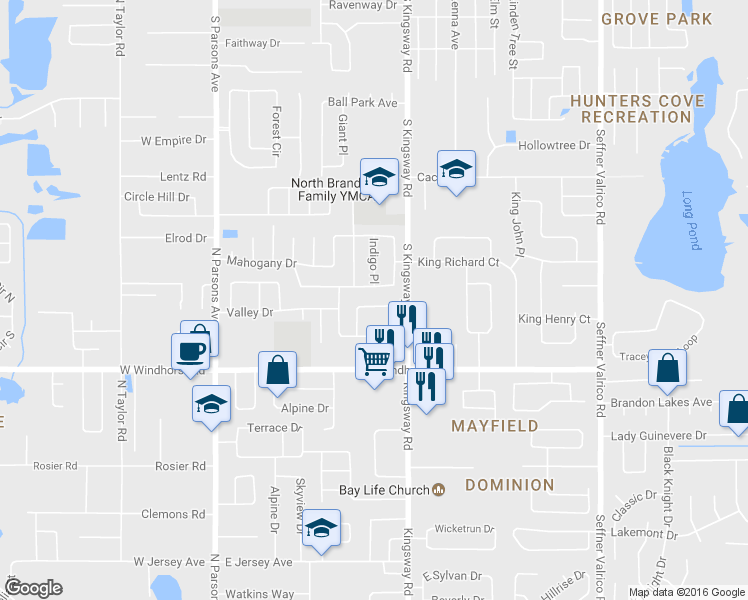 map of restaurants, bars, coffee shops, grocery stores, and more near 520 Avocado Circle in Brandon