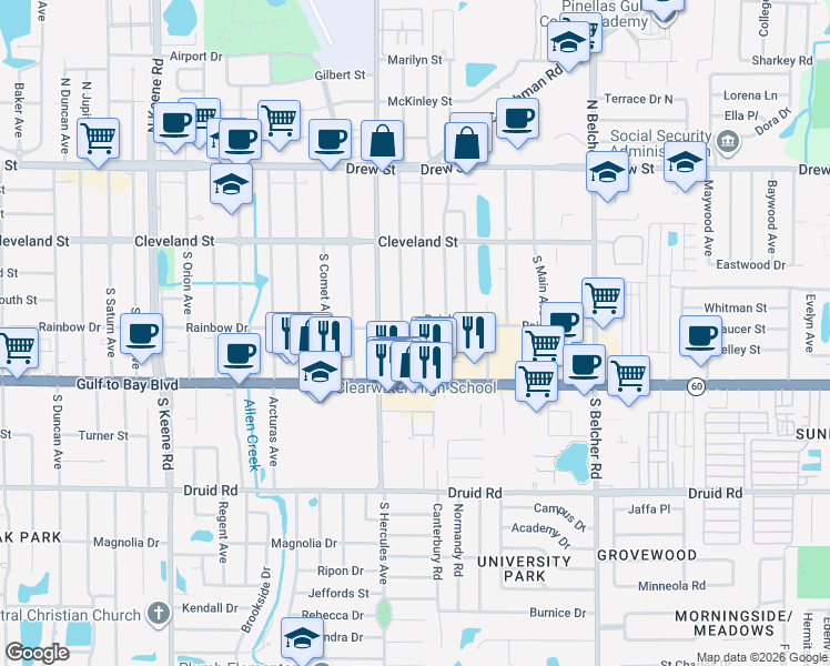 map of restaurants, bars, coffee shops, grocery stores, and more near 209 South Cirus Avenue in Clearwater