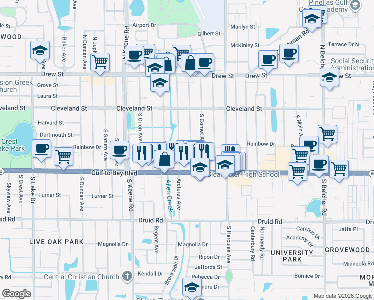 map of restaurants, bars, coffee shops, grocery stores, and more near 210 South Meteor Avenue in Clearwater