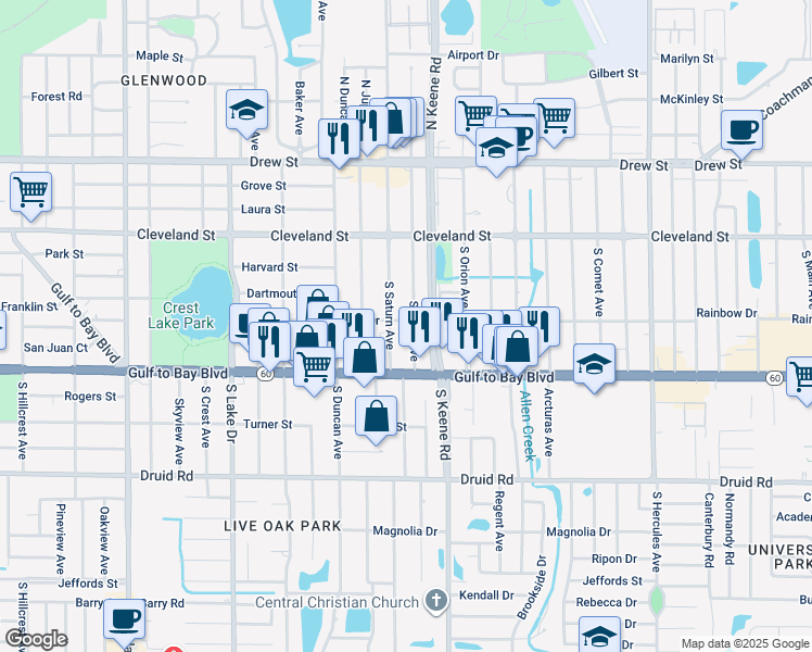 map of restaurants, bars, coffee shops, grocery stores, and more near 208 South Mars Avenue in Clearwater