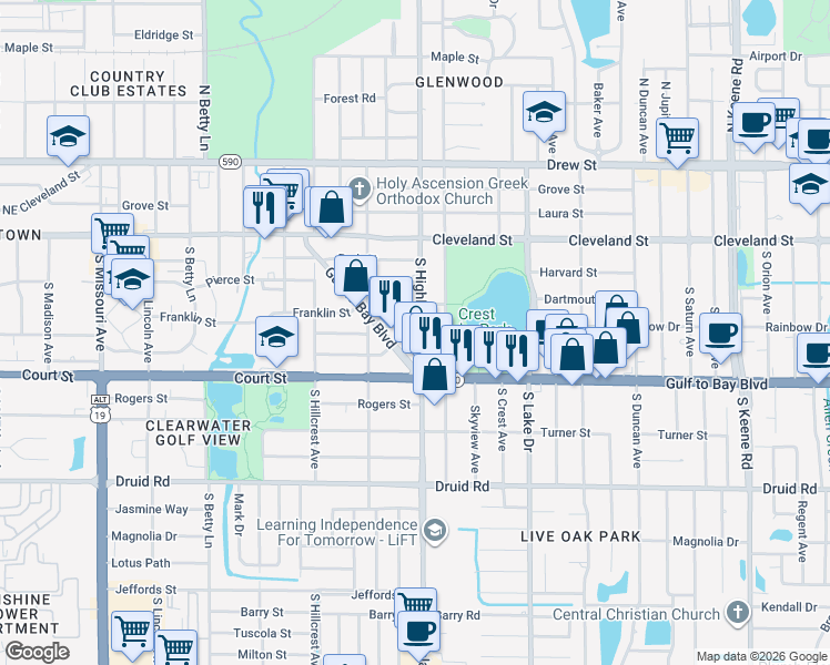 map of restaurants, bars, coffee shops, grocery stores, and more near 1481 Franklin Street in Clearwater