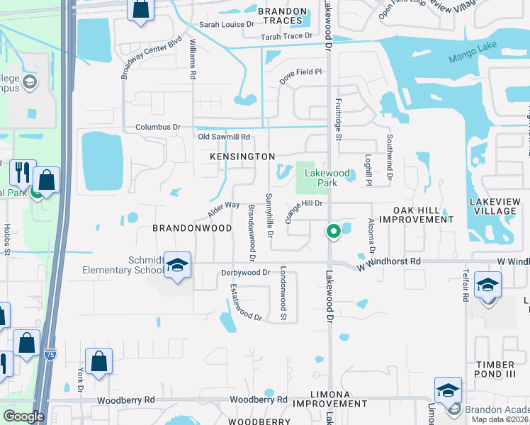 map of restaurants, bars, coffee shops, grocery stores, and more near 1523 Sunnyhills Drive in Brandon