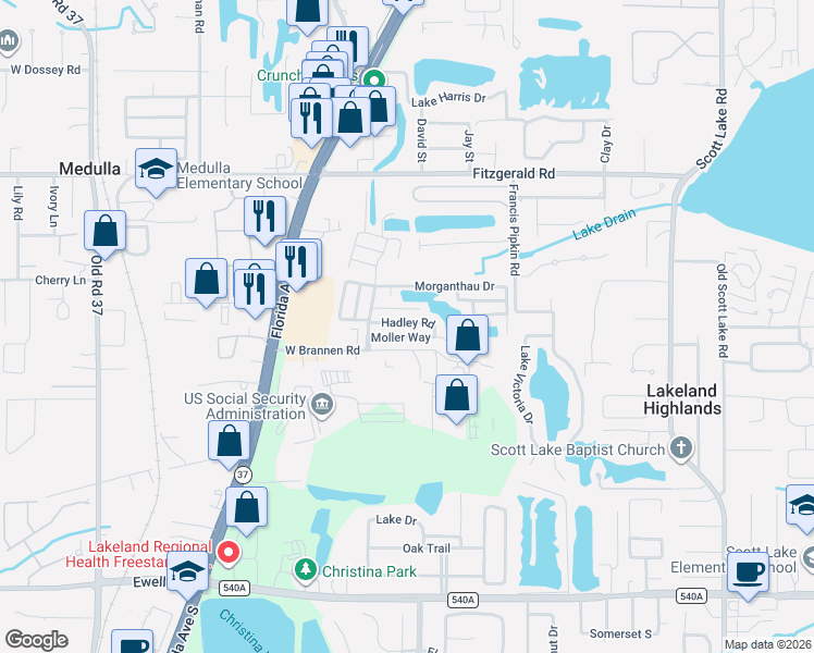 map of restaurants, bars, coffee shops, grocery stores, and more near 258 Odessa Drive in Lakeland