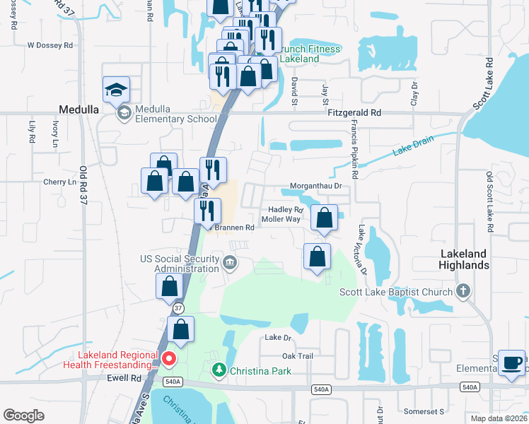 map of restaurants, bars, coffee shops, grocery stores, and more near 258 Odessa Drive in Lakeland