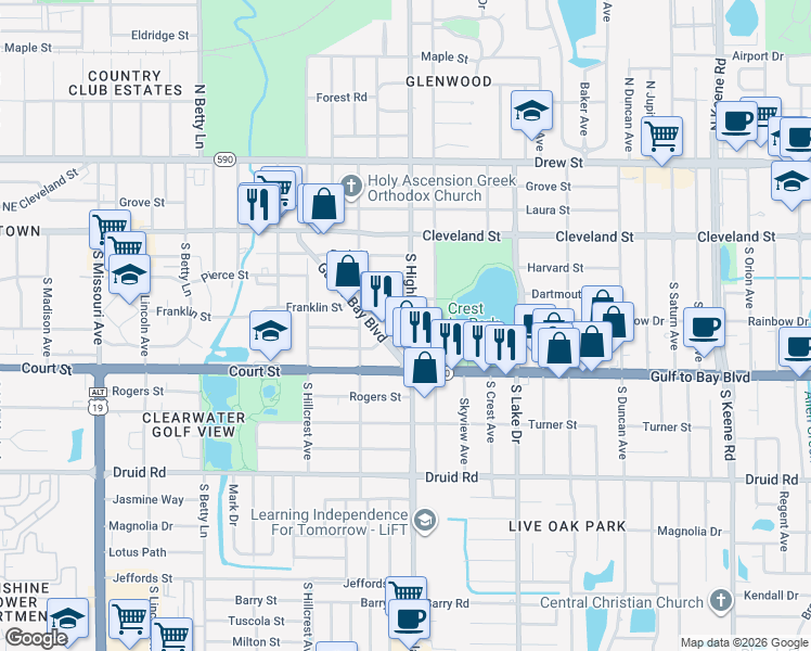 map of restaurants, bars, coffee shops, grocery stores, and more near 1481 Franklin Street in Clearwater