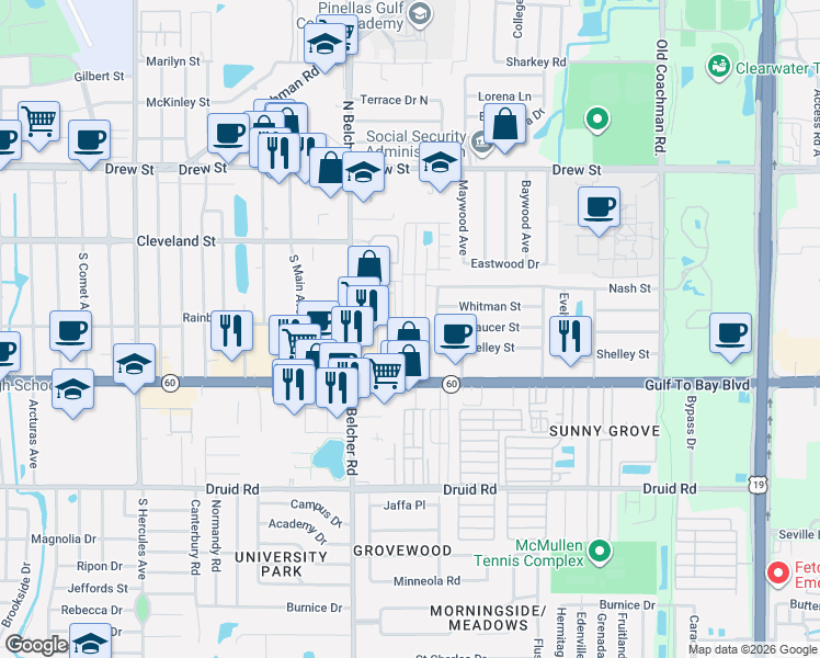 map of restaurants, bars, coffee shops, grocery stores, and more near 2236 Gulf to Bay Boulevard in Clearwater