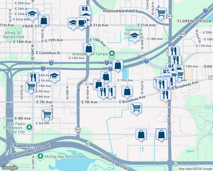map of restaurants, bars, coffee shops, grocery stores, and more near 4114 East 10th Avenue in Tampa