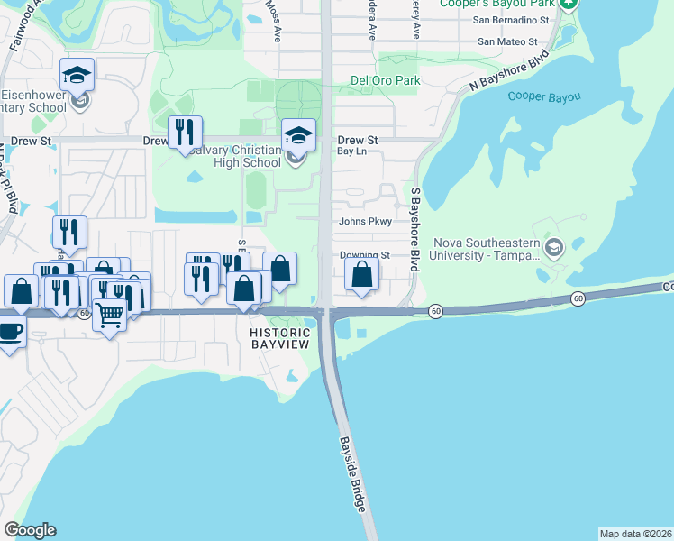 map of restaurants, bars, coffee shops, grocery stores, and more near 3101 Downing Street in Clearwater