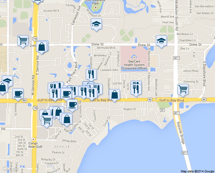 map of restaurants, bars, coffee shops, grocery stores, and more near 212 Elizabeth Avenue in Clearwater