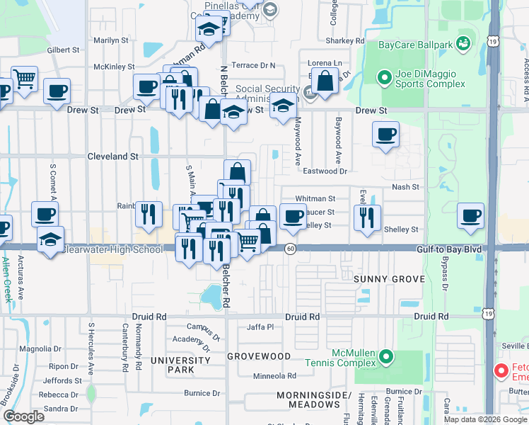 map of restaurants, bars, coffee shops, grocery stores, and more near 2236 Gulf to Bay Boulevard in Clearwater
