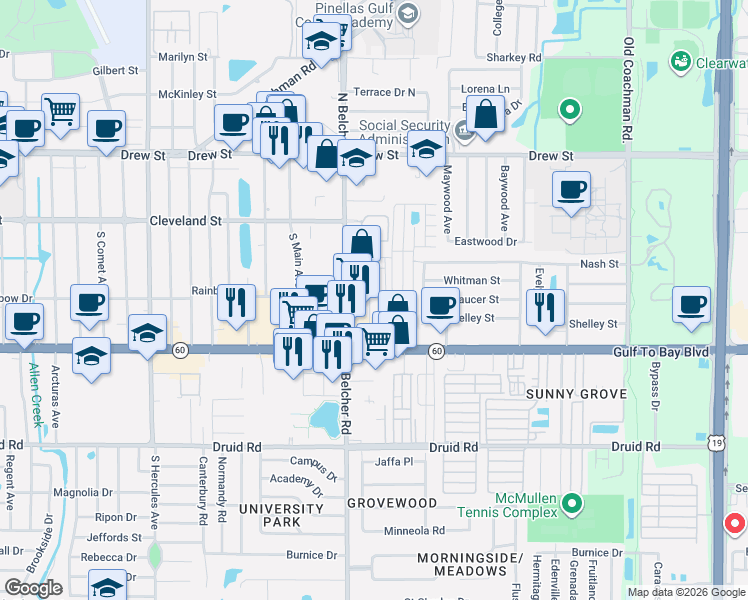 map of restaurants, bars, coffee shops, grocery stores, and more near 2236 Gulf to Bay Boulevard in Clearwater