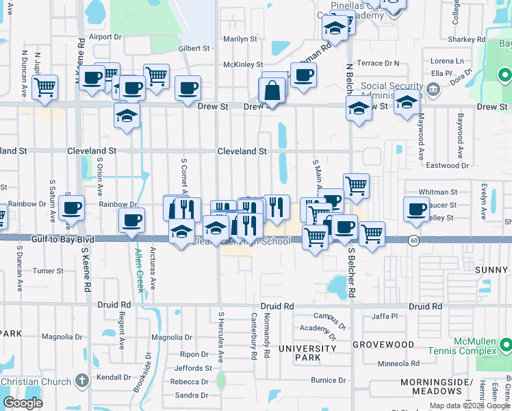 map of restaurants, bars, coffee shops, grocery stores, and more near 204 South Mercury Avenue in Clearwater