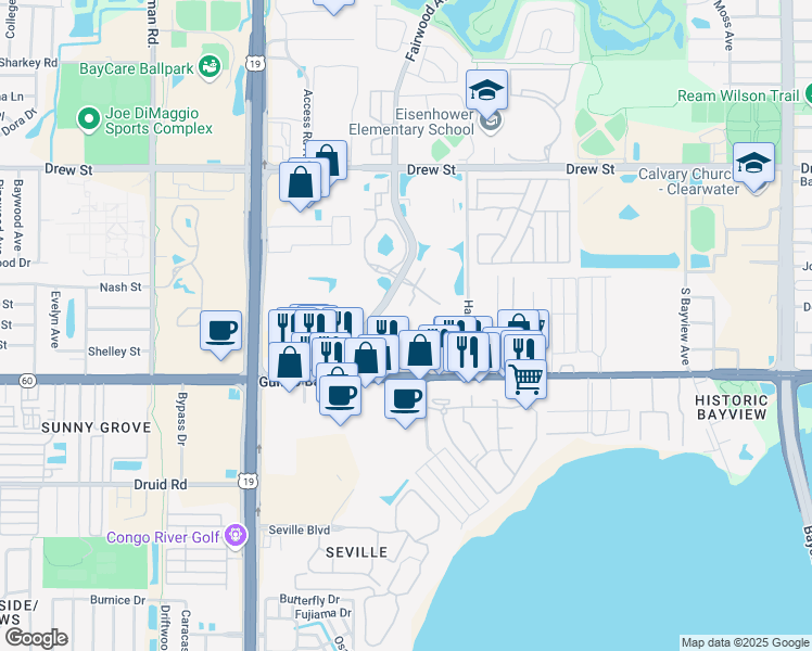 map of restaurants, bars, coffee shops, grocery stores, and more near 311 Park Place Boulevard in Clearwater