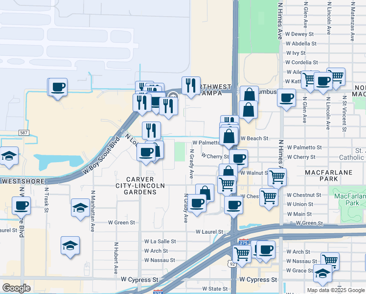 map of restaurants, bars, coffee shops, grocery stores, and more near 4025 West Palmetto Street in Tampa