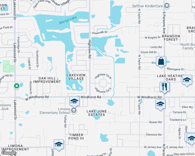 map of restaurants, bars, coffee shops, grocery stores, and more near 609 Highview Circle North in Brandon