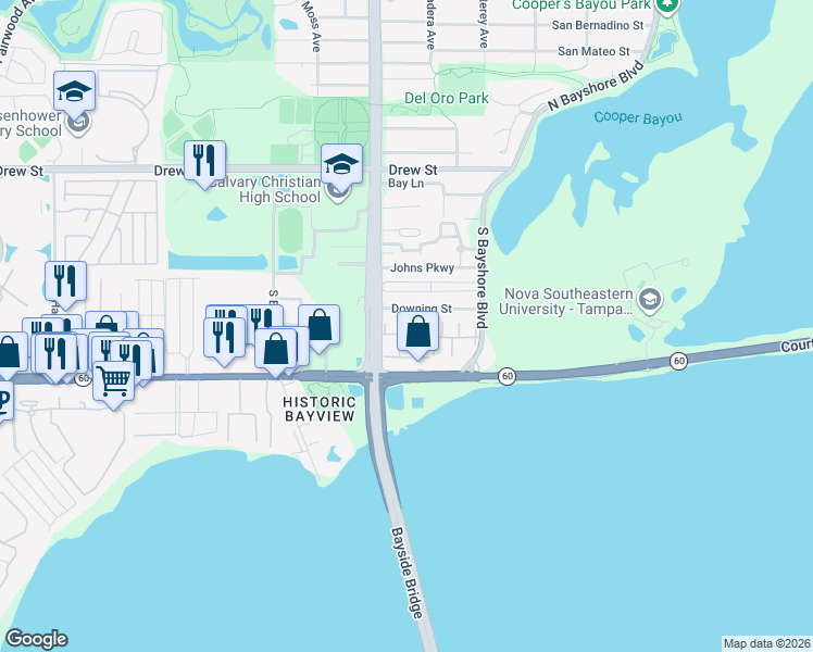 map of restaurants, bars, coffee shops, grocery stores, and more near 3137 Downing Street in Clearwater