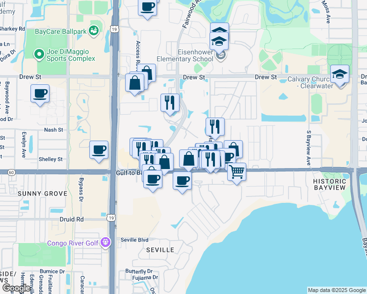 map of restaurants, bars, coffee shops, grocery stores, and more near 311 Park Place Boulevard in Clearwater